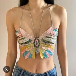 Zara Multicolor butterfly Beaded Halter Top rare